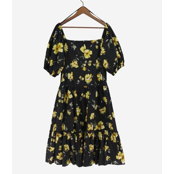 Teri Jon By Rickie Freeman Midi Dress 16 Black Yellow Roses Tiered Summer - Picture 9 of 16